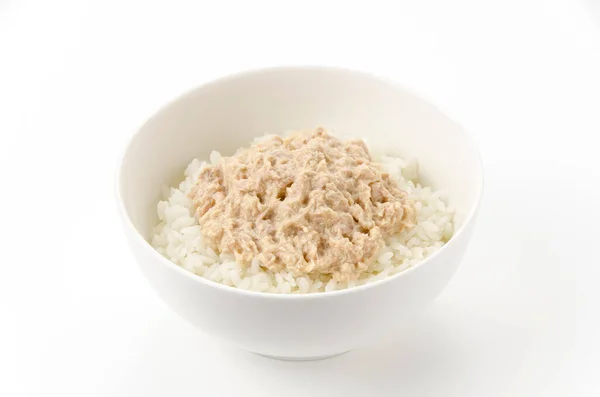 Tuna Mayo Don Tuna Mayonnaise Рисом Білій Мисці Білому Тлі — стокове фото