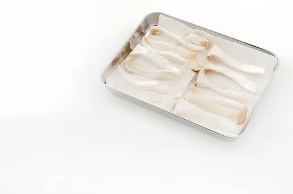 stock image Arrange the sliced king oyster mushrooms on a stainless steel tray and sun-day them