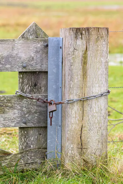 Close up of a wooden farm gate locked with a iron chain and padlock.