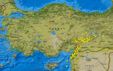 Dresden, Germany - February 13, 2023: Map of Turkey and Syria with recent deadliest earthquake location depicted as dots by USGS real time detection service. Cumulative data for one week.