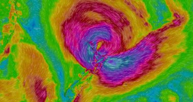 Dresden, Germany  February 13, 2023, Map of New Zeeland on Windy weather web service showing hurricane Gabrielle, tropical storm, cyclone with strong wind and heavy rain. clipart