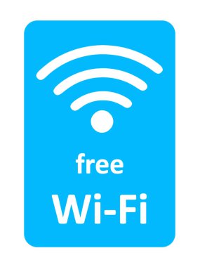 Halka açık bir Wi-Fi işareti ve açık mavi gökyüzü arka planında ücretsiz bir not içeren bir resim