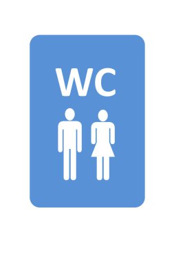 Umumi tuvaletlerin sokak tabelasının olduğu bir resim, WC, mavi arka planda iki kişi, erkek ve kadın.
