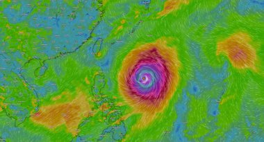 Dresden, Almanya 9 Haziran 2023 Rüzgârlı Hava Servisi Filipinler 'den Japonya' ya şiddetli rüzgar ve şiddetli yağmurla yaklaşan Guchol adında güçlü bir tropikal fırtına gösteriyor..