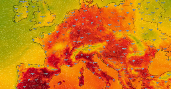 Dresden, Germany - July 11, 2023: Map of Europe, EU on Windy weather web service showing global heat wave of extreme high temperature in Summer, July. Concept of global warming and extreme weather.