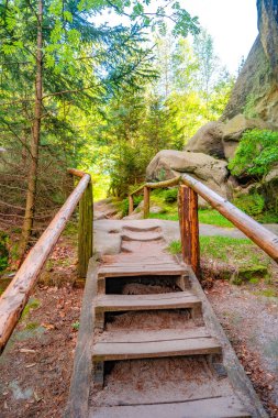 Sandstone 'da yürüyüş yolu ve ahşap köprü Schrammstein grubunu ulusal park Sakson İsviçre, Bad Schandau, Saksonya, Almanya' da sallıyor..