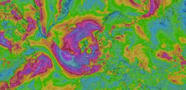 Dresden, Germany  November 2, 2023 Map on Windy weather web service showing a powerful storm called Ciaran approaching UK and Europe with strong wind and heavy rain. clipart