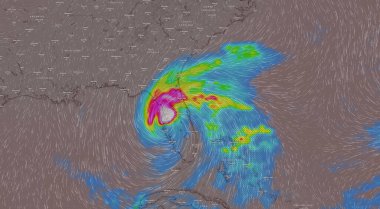 10 Ekim 2024, Rüzgarlı Hava Servisi haritası güçlü bir tropik fırtınanın Florida, ABD 'ye yaklaştığını gösteriyor. Şiddetli rüzgar ve sağanak yağmur var..