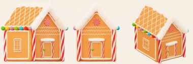 Krema, kar, çizgili şeker ve renkli şekerlerle süslenmiş zencefilli kek evi. Beyaz arka planda izole edilmiş. 3d görüntüleme. Görüntüler. Noel ve Yeni Yıl simgesi.