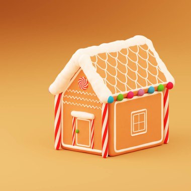 Krema, kar, çizgili şeker ve renkli şekerlerle süslenmiş zencefilli kurabiye evi. Kahverengi arka planda zencefilli kurabiye evi. 3D çizim. Noel ve Yeni Yıl tebrik kartı..