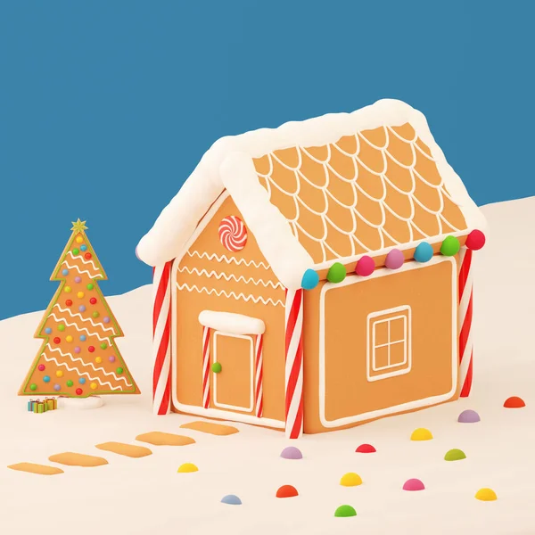 Gingerbread house decorated with icing, snow, striped candys and colorful candy balls and Christmas tree with gifts near house . Winter scene on snow with blue background. 3d render illustration.