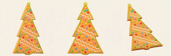 クリスマスツリーの形をしたジンジャーブレッドクッキーには アイシング カラフルなキャンディーボール ゴールドスターが上に飾られています 3Dレンダリングの説明ビューのセット クリスマスと新年のアイコン — ストック写真