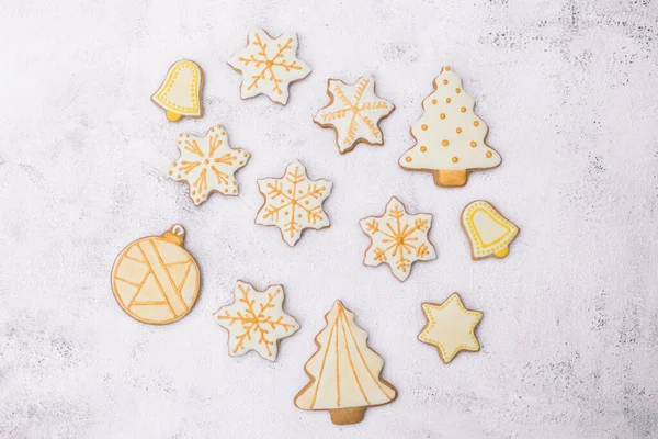 Homemade Christmas Gingerbread Cookies White Background Cookies Various Shapes Sugar — Stock Photo, Image