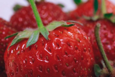 Mavi arka planda taze olgun çilekler. Yakın plan. Makro.