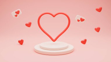 Heart and podium for product presentation surrounded by smaller hearts on pink background. Scene with empty space. Valentine's day, Women's, Mother's day, wedding background. 3d render illustration.