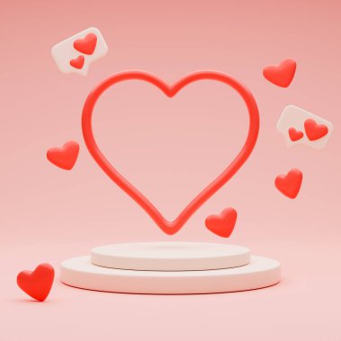 Heart and podium for product presentation surrounded by smaller hearts on pink background. Scene with empty space. Valentine's day, Women's, Mother's day, wedding background. 3d render illustration.