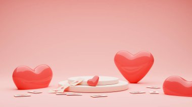 Creative scene with red hearts, envelopes and podium for product presentation on pink background. 3d render illustration. Concept for holiday, Valentine's day. Scene with empty space. 