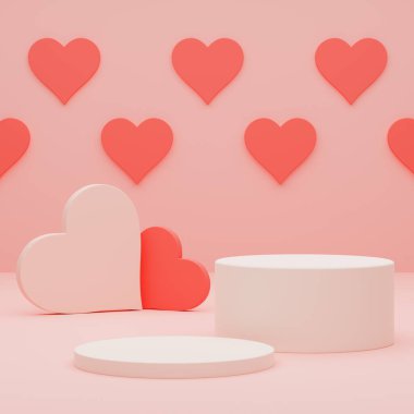 Minimal style scene with hearts and podium for product presentation. Love concept for happy Valentine's day, wedding, Women's or Mother's day. 3d render illustration. Pink background. Empty space. 