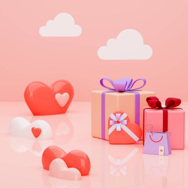 Kalpli renkli hediye kutuları ve pembe arka planda bulutlar. Sevgililer günü, düğün, kadınlar ya da anneler günü için aşk konsepti. Boş boşluklu sahne. 3d resimleme.