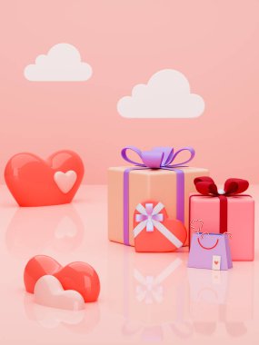 Kalpli renkli hediye kutuları ve pembe arka planda bulutlar. Sevgililer günü, düğün, kadınlar ya da anneler günü için aşk konsepti. Boş boşluklu sahne. 3d resimleme.