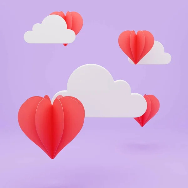 Heart shaped balloons in the clouds. Set of hearts. Lilac background. 3d render illustration. Love concept for happy Valentine\'s day, wedding, Women\'s or Mother\'s day. 3d render illustration.