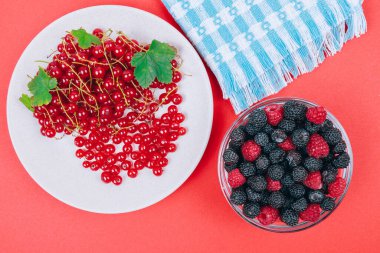 Kırmızı üzümlü seramik tabağın üst görüntüsü ve kırmızı zemin üzerinde siyah ve kırmızı ahududu olan cam kase..