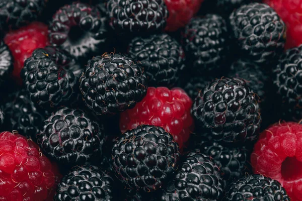Lot Red Black Raspberries Close Macro Shot Ripe Berries — Stock Photo, Image