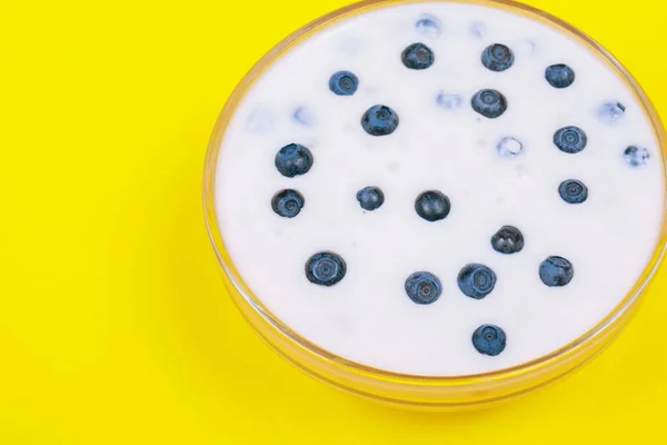 Glass Bowl Yogurt Fresh Blueberries Yellow Background — Stok fotoğraf