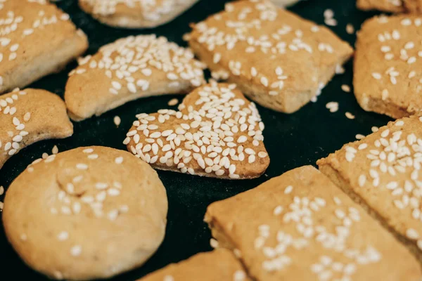 Homemade Cookies Sesame Seeds Different Shapes Heart Shaped Cookie Center — Zdjęcie stockowe