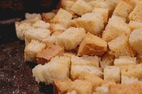 Pieces Roasted White Bread Baking Tray Close Delicious Croutons — Stock Fotó