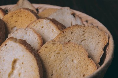 Lezzetli kızarmış ekmekler. Kızarmış beyaz ekmek parçaları. Dilimlenmiş ekmek yakın plan. Hasır sepette kızarmış ekmek.