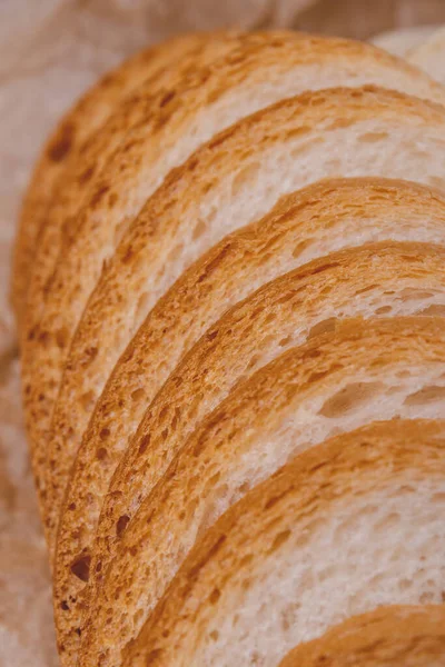 Pão Branco Fatiado Com Crosta Marrom Close Macro Shot — Fotografia de Stock