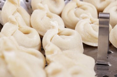 Buhar sepetinde pişirilmeye hazır ev yapımı börekler. Hamur köfteleri yakın plan..