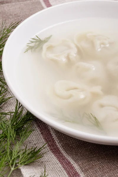 Bouillon Homemade Pelmeni Fresh Dill Soup Dumplings Herbs Tablecloth — Stock Photo, Image