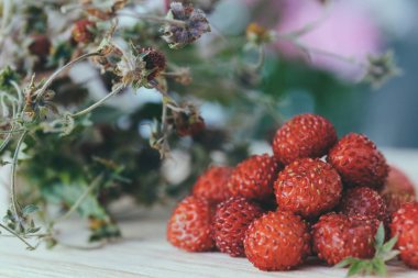 Orman Çileği. Bir yığın olgun kırmızı lezzetli yabanmersini (Fragaria vesca) ve üzerinde kurumuş böğürtlen olan kuru böğürtlen buketi. Ahşap masada Alp Çileği 'ne yakın çekim. Makro çekim.