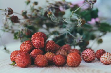 Orman Çileği. Bir yığın olgun kırmızı lezzetli yabanmersini (Fragaria vesca) ve üzerinde kurumuş böğürtlen olan kuru böğürtlen buketi. Ahşap masada Alp Çileği 'ne yakın çekim. Makro çekim.