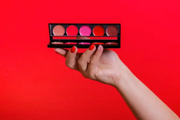Makeup eyeshadow palette in woman hand on the red background. Make-up eyeshadow palette set.