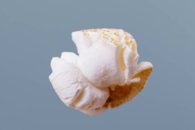 Gri arka planda patlamış mısırın makro çekimi.