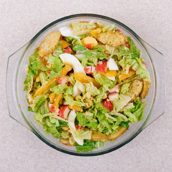 Salad Crab Sticks Tomatoes Napa Cabbage Eggs Lettuce Croutons Glass — Stock Photo, Image