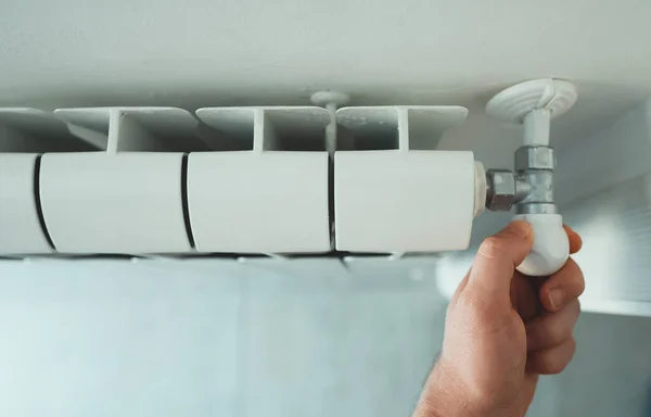 Male Hand Adjusting Thermostat Turn Radiator Heater Home — Stock Photo, Image