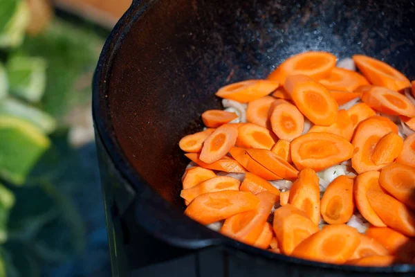 Cenoura Cozinha Caldeirão Fogo Cozinhar Passo Passo Chorba — Fotografia de Stock