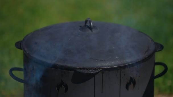 야외에서 철갑으로 요리하는 — 비디오