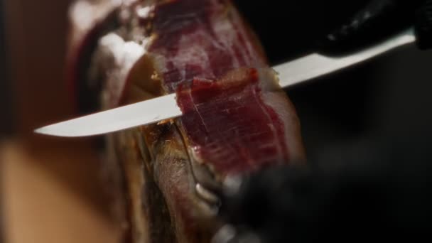 Chef Cutting Dry Cured Spanish Ham Jamon — Stock Video