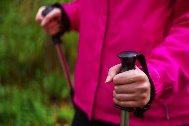 Yürüyüş sopalı bir kadın. Kuzey yürüyüşü.