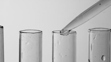 Laboratuvar test tüplerine damlatın. Siyah ve beyaz.