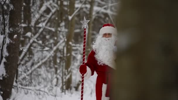 Santa Claus Con Personal Mágico Bolsa Regalos Navidad Está Caminando — Vídeos de Stock