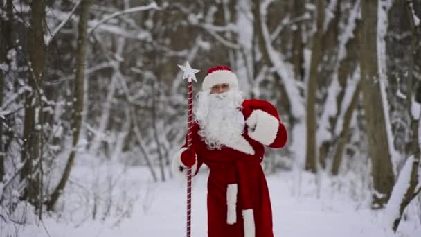 圣诞老公公拿着魔杖和圣诞礼物在雪地里散步 — 图库视频影像