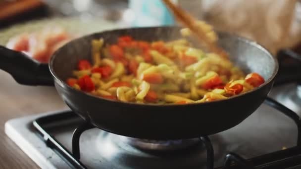 Zucchini Carrots Onions Frying Pan — Stockvideo