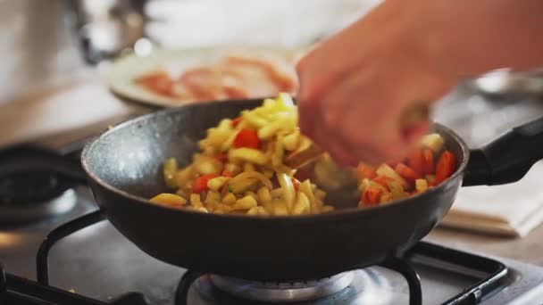 Zucchini Carrots Onions Frying Pan — Stok video