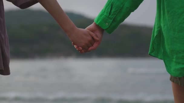 Girls Holding Hands Background Sea — Stock Video